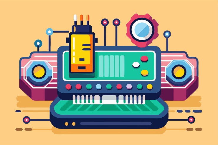 Vector una ilustración plana colorida muestra una configuración personalizable para el desarrollo de firmware con varios componentes ilustración plana personalizable para firmware