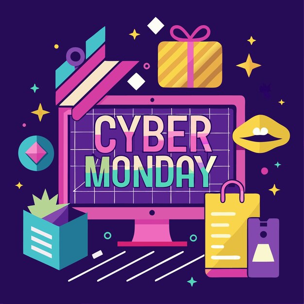Ilustración plana colorida de una pantalla de computadora con las palabras "Cyber Monday" en ella rodeada de bolsas de compras, regalos y estrellas