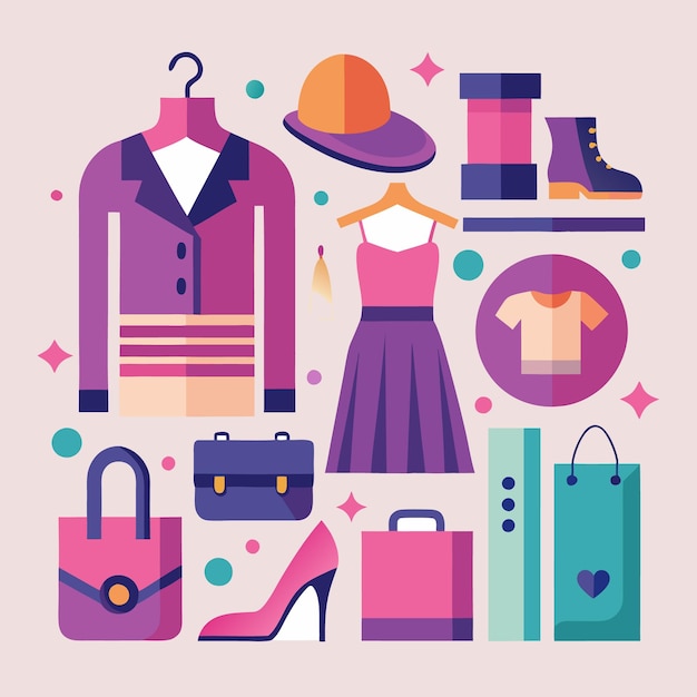 Una ilustración plana colorida de varios artículos de moda como vestidos, zapatos, bolsas, sombreros y abrigos