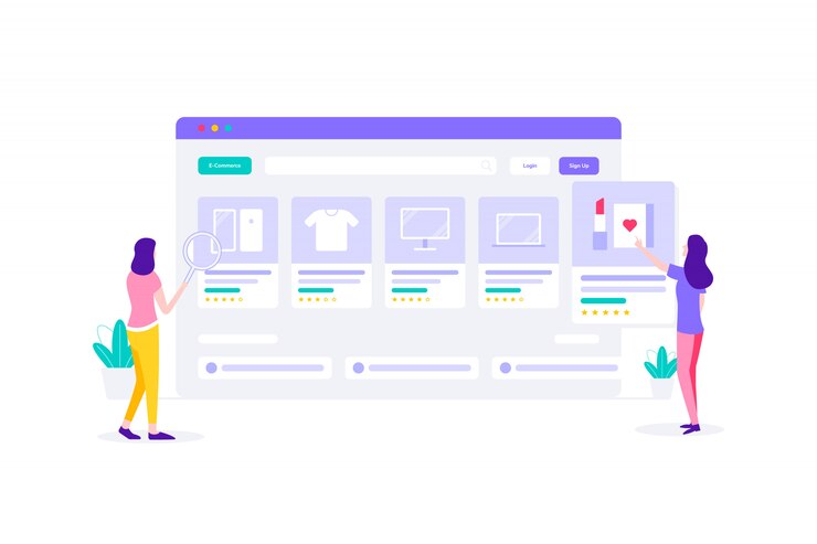 Vector ilustración plana de compras en línea de mujer de comercio electrónico