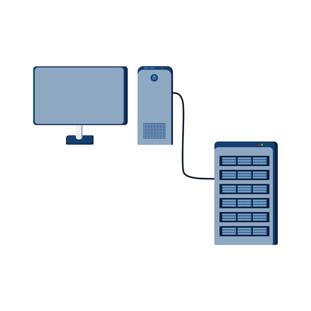 Ilustración plana de una computadora conectada a un servidor con un cable para complementar su diseño