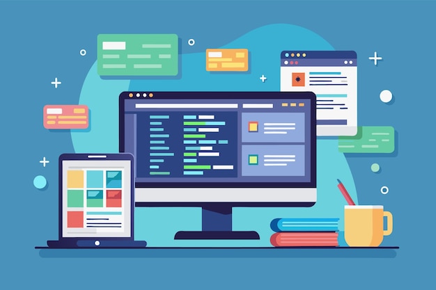 Una ilustración plana de una computadora de escritorio moderna con una computadora portátil y una pantalla de editor de código abierta rodeada de varias notas y iconos adhesivos de colores