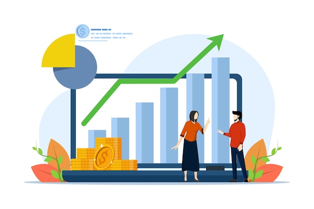 Ilustración plana del concepto de análisis financiero con el equipo de negocios analizando las finanzas de la empresa