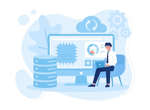 Vector una ilustración plana del concepto de gestión de datos en una computadora portátil