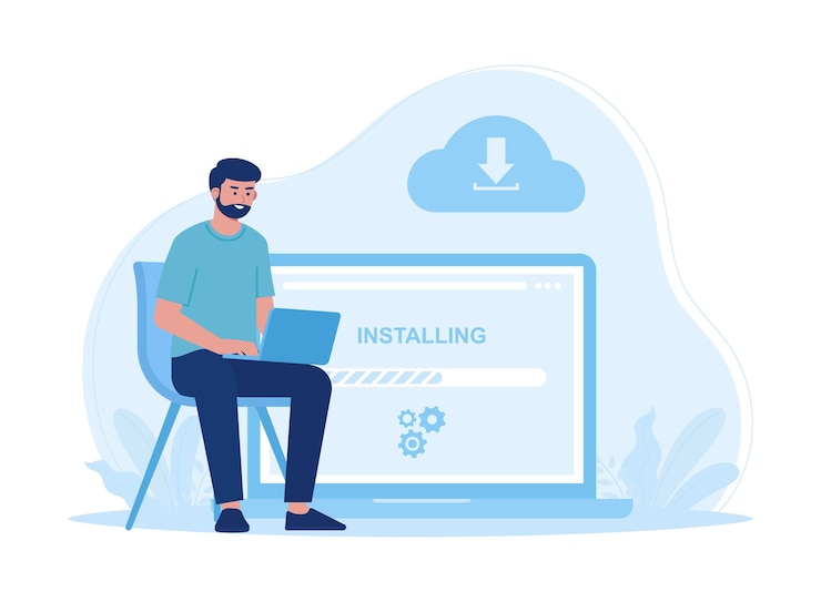 Vector ilustración plana del concepto de gestión de las descargas e instalaciones de datos en la nube