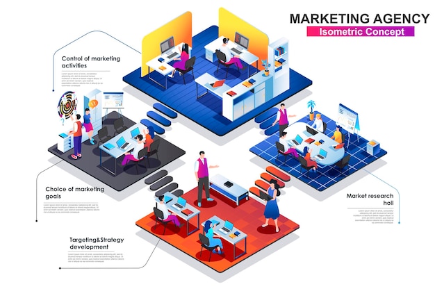Ilustración plana de concepto isométrico de agencia de mercado