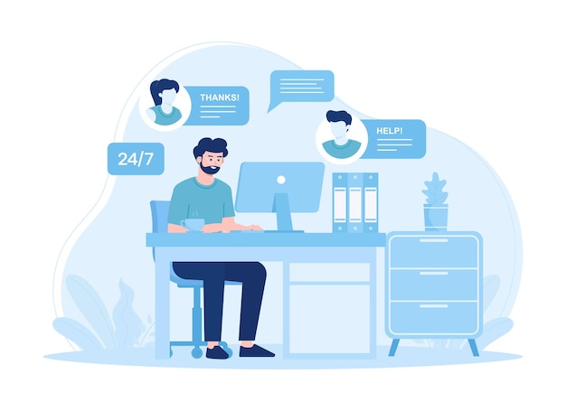 Ilustración plana del concepto de tendencia de apoyo al cliente masculino