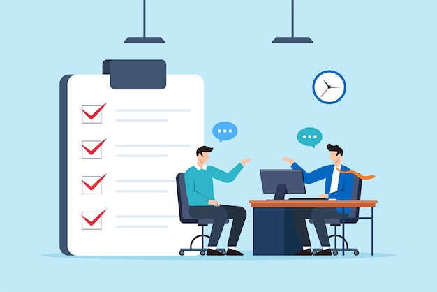 Ilustración plana de un consultor discutiendo tareas con un cliente utilizando una lista de comprobación y una computadora de escritorio en una reunión de oficina