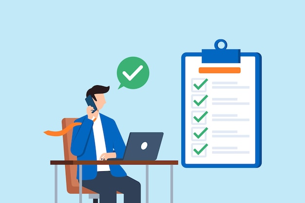 Ilustración plana de un consultor de negocios resolviendo problemas en una llamada telefónica con una lista de comprobación y una computadora portátil en la oficina para completar la tarea de apoyo