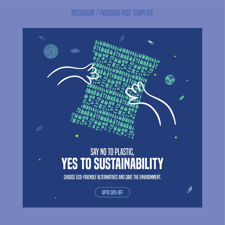 Ilustración plana de contaminación por plástico Reduce los desechos plásticos y una alternativa ecológica en las redes sociales