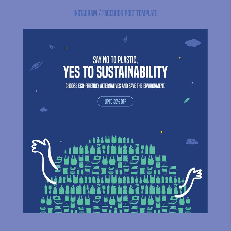 Ilustración plana de contaminación por plástico Reduce los desechos plásticos y una alternativa ecológica en las redes sociales