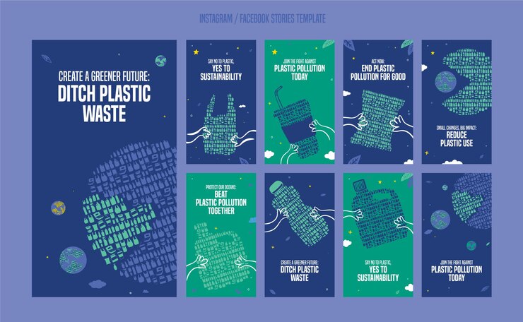 Ilustración plana de contaminación por plástico Reduce los desechos plásticos Historia de redes sociales alternativas ecológicas