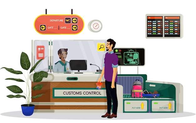 Ilustración plana de control de aduanas e inmigración con un hombre en un aeropuerto sobre un fondo blanco