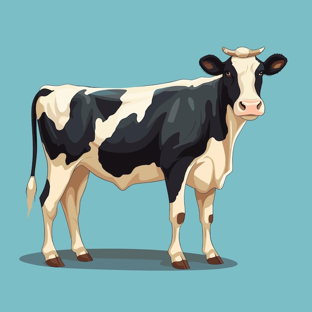 Vector ilustración plana de cuerpo completo de una vaca negra y blanca aislada sobre un fondo azul de alta calidad