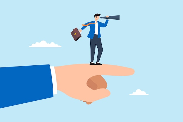 Ilustración plana del dedo gigante que señala ayuda al hombre de negocios a mirar el telescopio previendo la dirección del negocio visión del éxito pronóstico económico estrategia futura trayectoria profesional objetiva