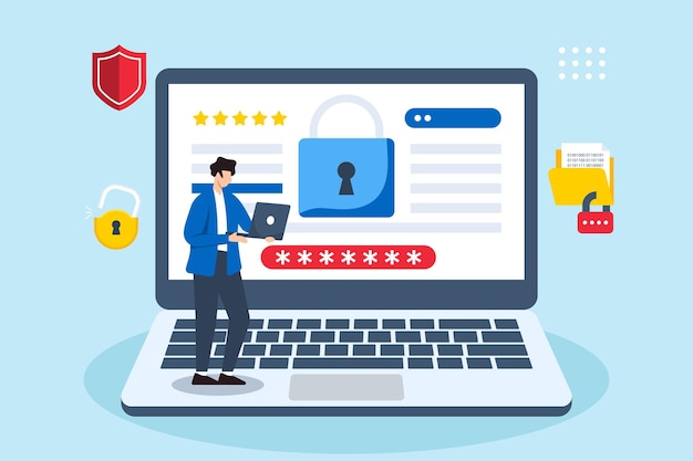 Ilustración plana de un desarrollador revisando el código de seguridad en una computadora portátil con símbolos de cifrado flotando