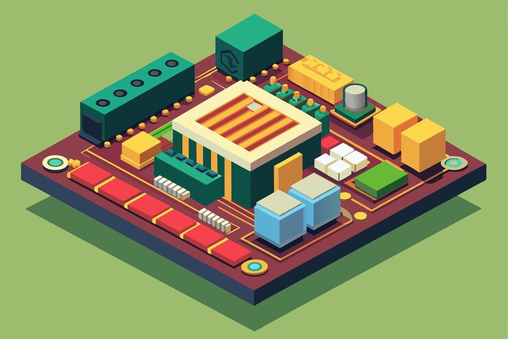 Vector una ilustración plana detallada de una placa de circuito impreso personalizable con varios componentes electrónicos tabla de circuitos impresos ilustración plana personalizable