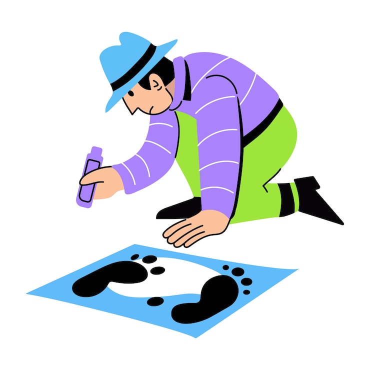 Vector una ilustración plana de un detective encontrando huellas criminales