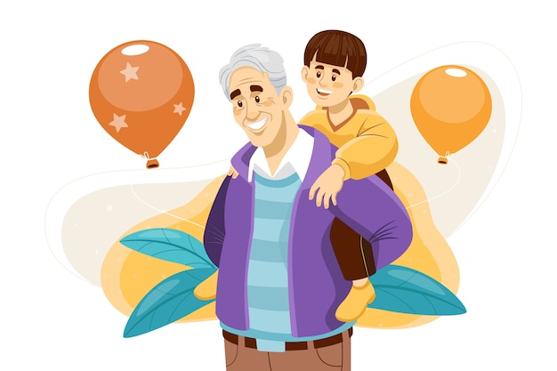 Ilustración plana del día de los abuelos con abuelo y nieto