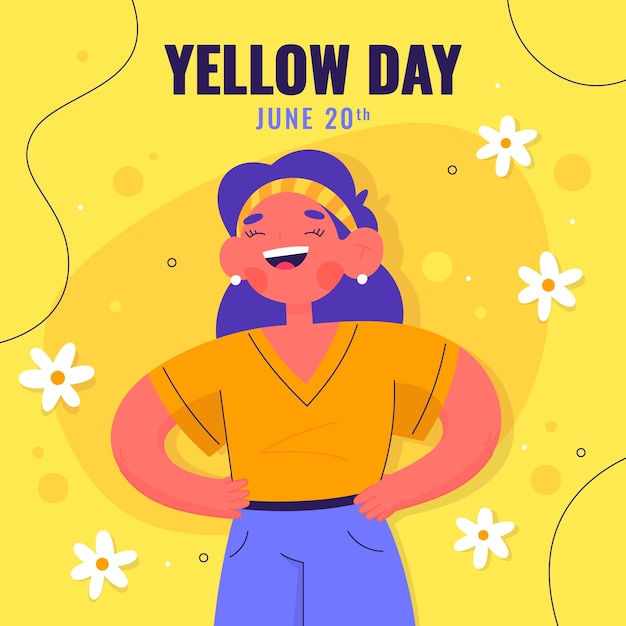 Vector ilustración plana del día amarillo con mujer sonriendo