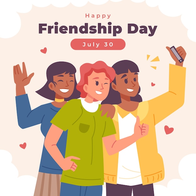 Ilustración plana del día de la amistad con un grupo de amigos tomando selfie