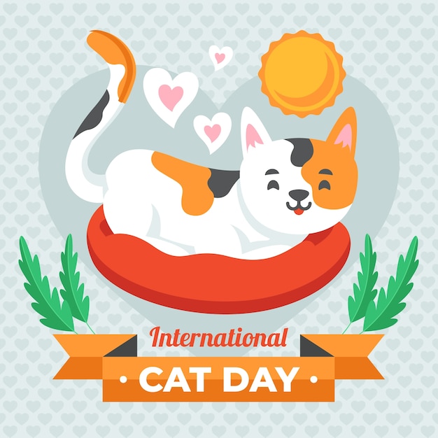 Vector ilustración plana del día internacional del gato con gato en la cama