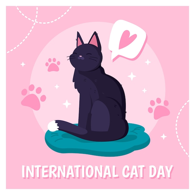 Ilustración plana del día internacional del gato con gato y corazón