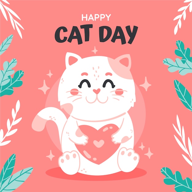 Vector ilustración plana del día internacional del gato con gato con corazón