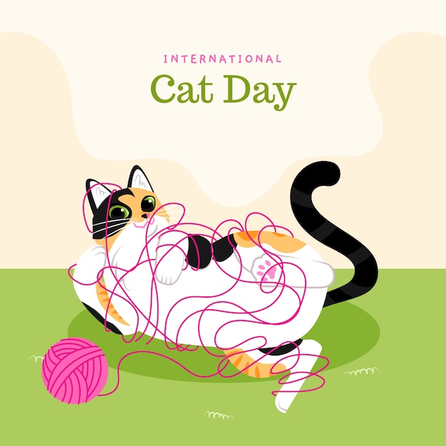 Vector ilustración plana del día internacional del gato con gato enredado en hilo