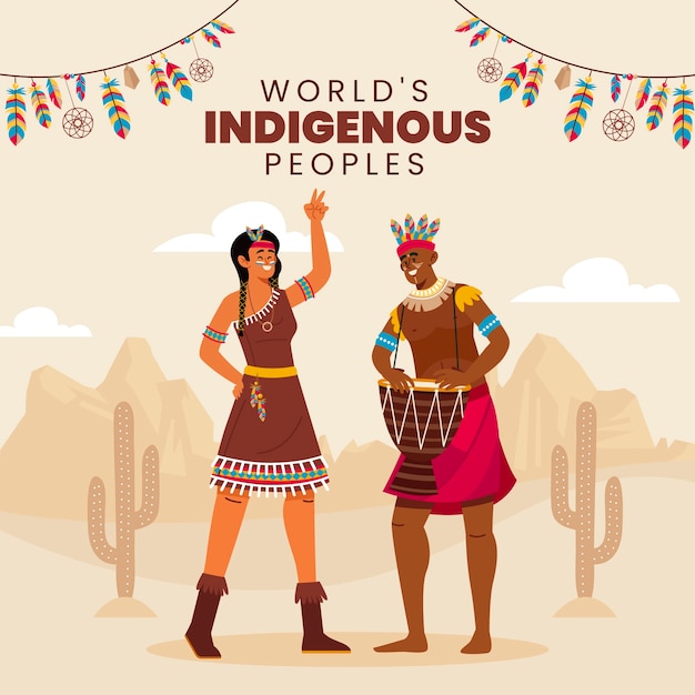 Vector ilustración plana del día internacional de los pueblos indígenas del mundo con pueblos indígenas