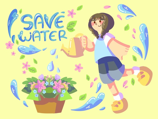 Ilustración plana del día mundial del agua Niña regando plantas Ilustración