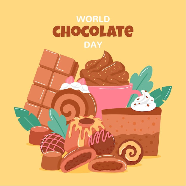 Vector ilustración plana del día mundial del chocolate con dulces de chocolate