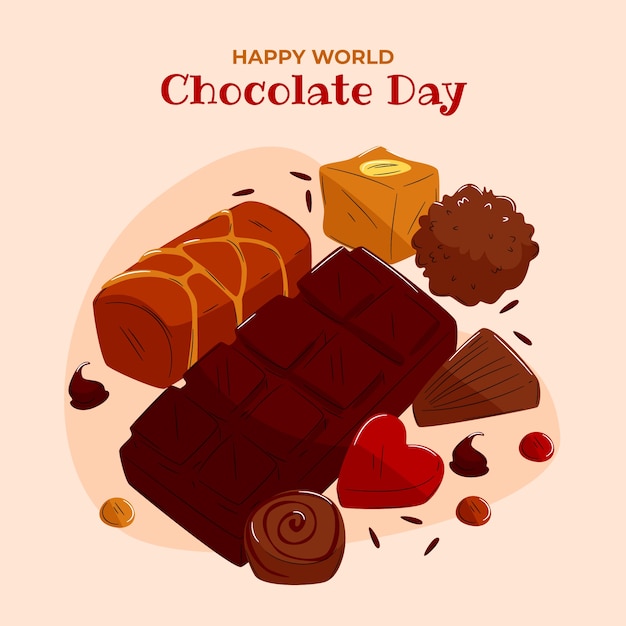 Vector ilustración plana del día mundial del chocolate con golosinas de chocolate