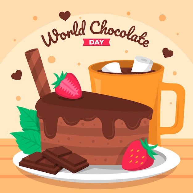 Vector ilustración plana del día mundial del chocolate con pastel de chocolate