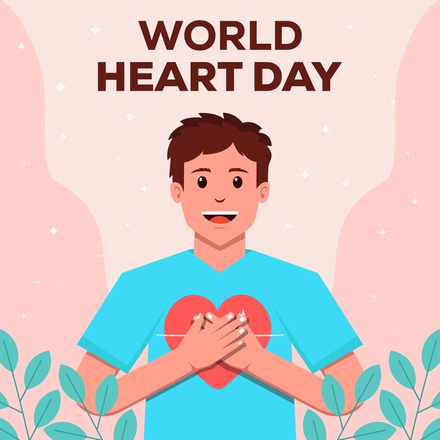 Ilustración plana del Día Mundial del Corazón con un hombre sosteniendo un corazón