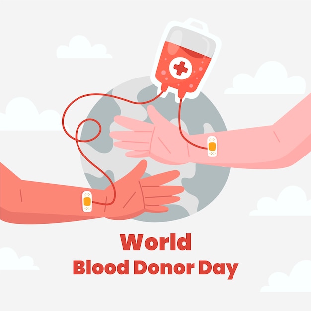 Ilustración plana del día mundial del donante de sangre con manos que reciben una transfusión