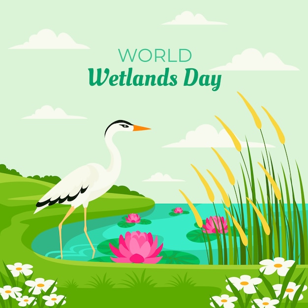 Vector ilustración plana para el día mundial de los humedales con flora y fauna.