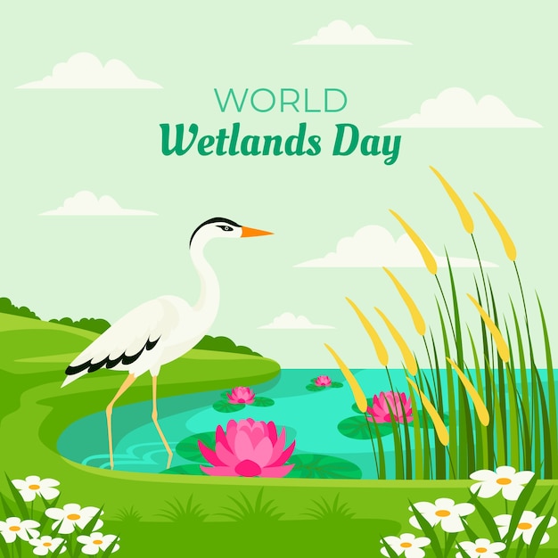 Ilustración plana para el día mundial de los humedales con flora y fauna.