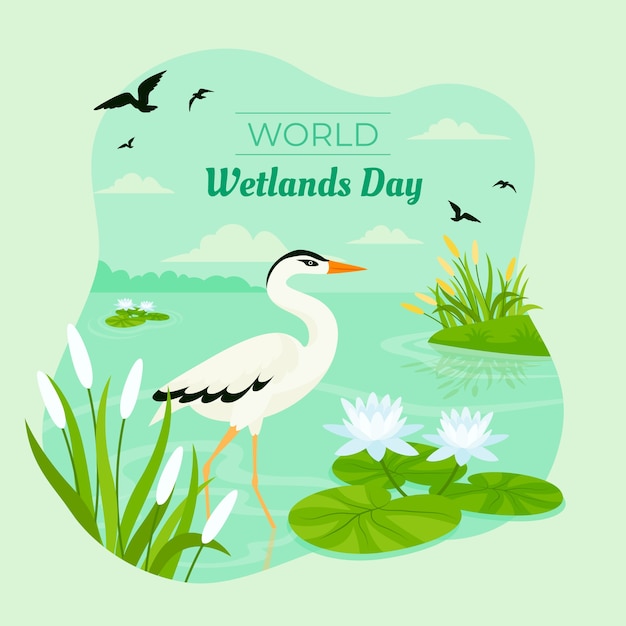 Vector ilustración plana para el día mundial de los humedales con flora y fauna.