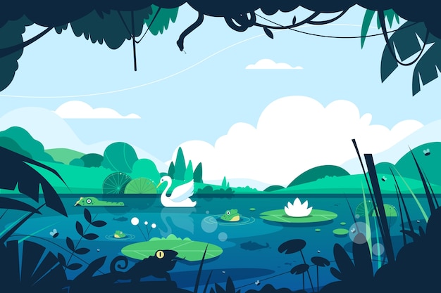 Ilustración plana del día mundial de los humedales con flores y fauna