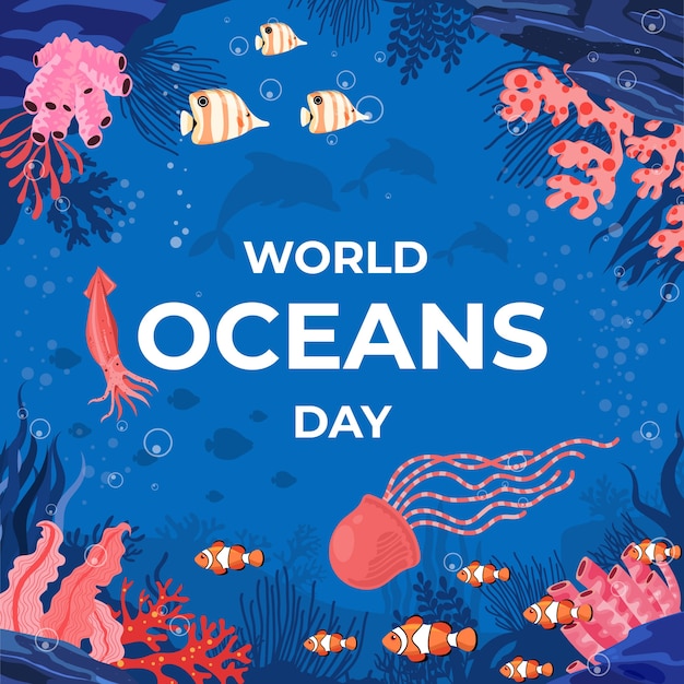 Vector ilustración plana para el día mundial de los océanos con criaturas acuáticas