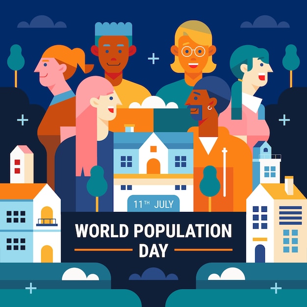 Vector ilustración plana del día mundial de la población con personas y edificios