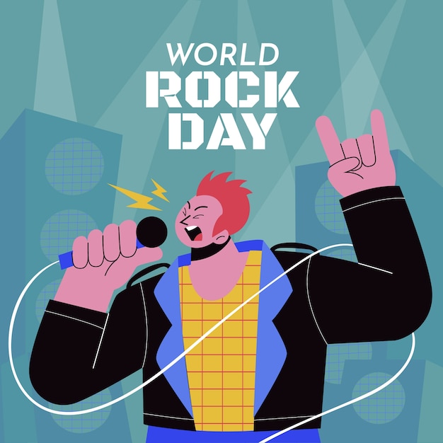 Ilustración plana del día mundial del rock con hombre cantando