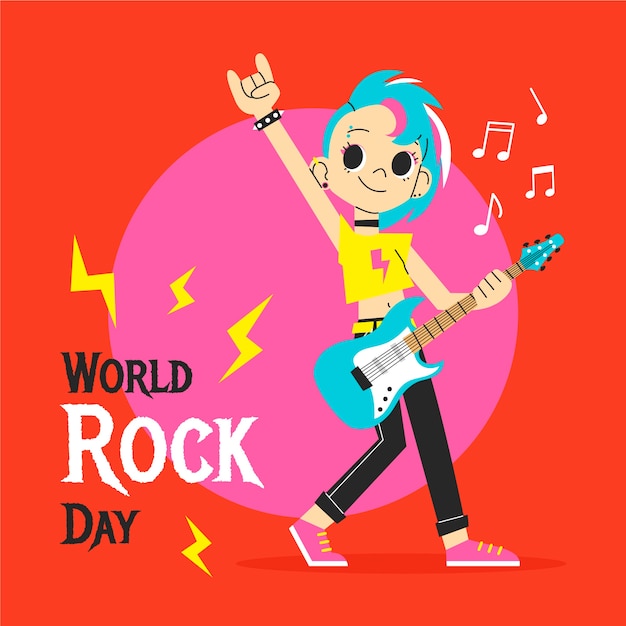 Ilustración plana del día mundial del rock con músico femenino tocando la guitarra