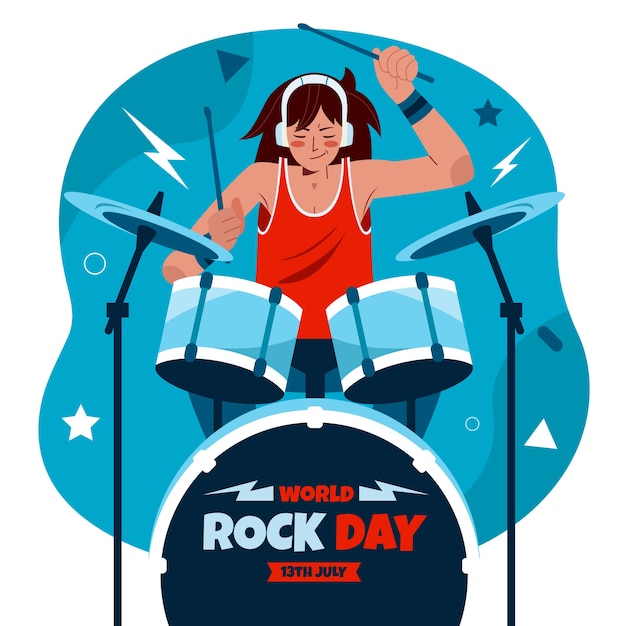 Vector ilustración plana del día mundial del rock con músico tocando la batería