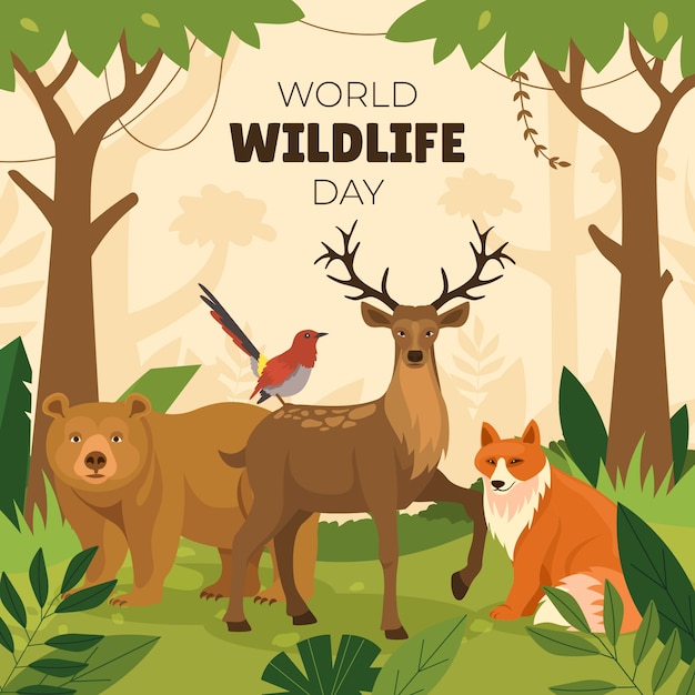 Vector ilustración plana del día mundial de la vida silvestre con animales