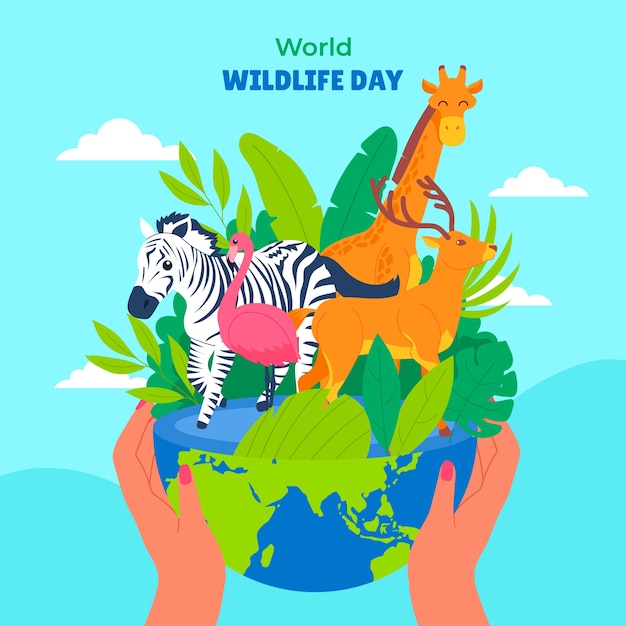 Ilustración plana para el día mundial de la vida silvestre con flora y fauna.