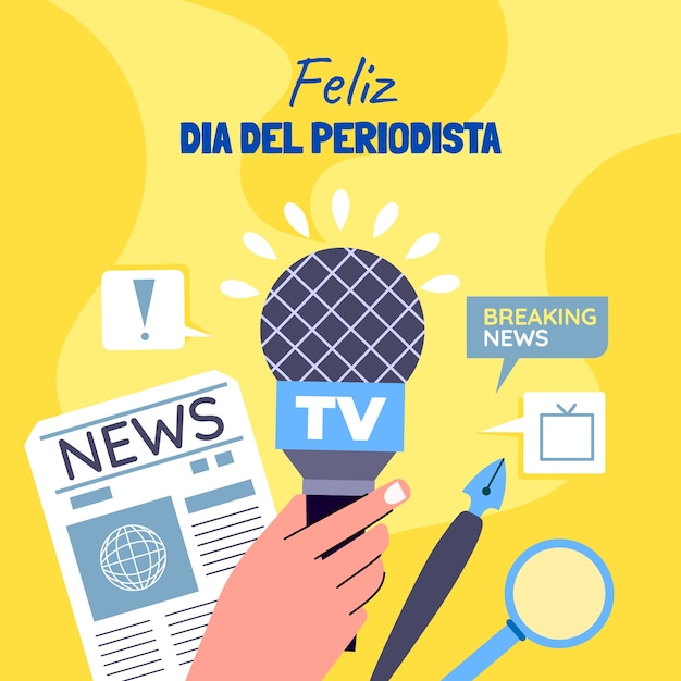 Vector ilustración plana del día del periodista con elementos periodísticos