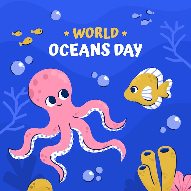 Ilustración plana dibujada a mano del día mundial de los océanos