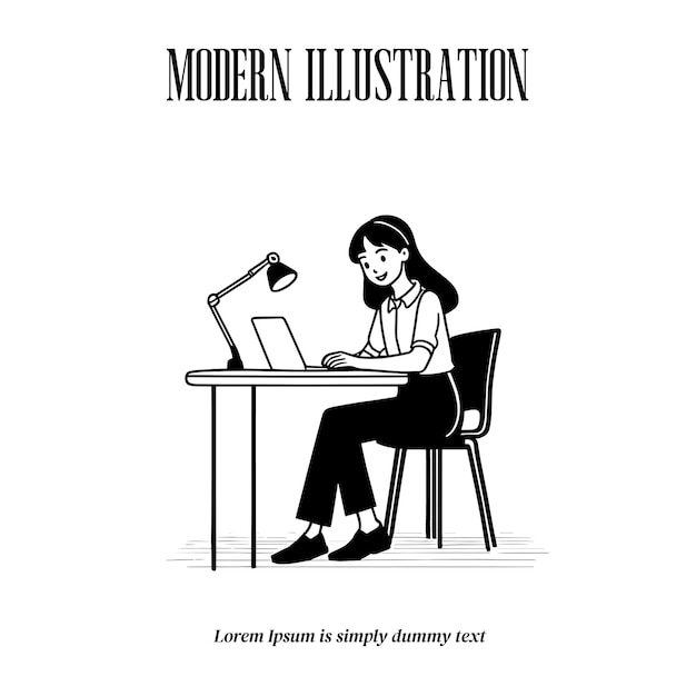 Ilustración plana dibujada a mano por una mujer en un escritorio